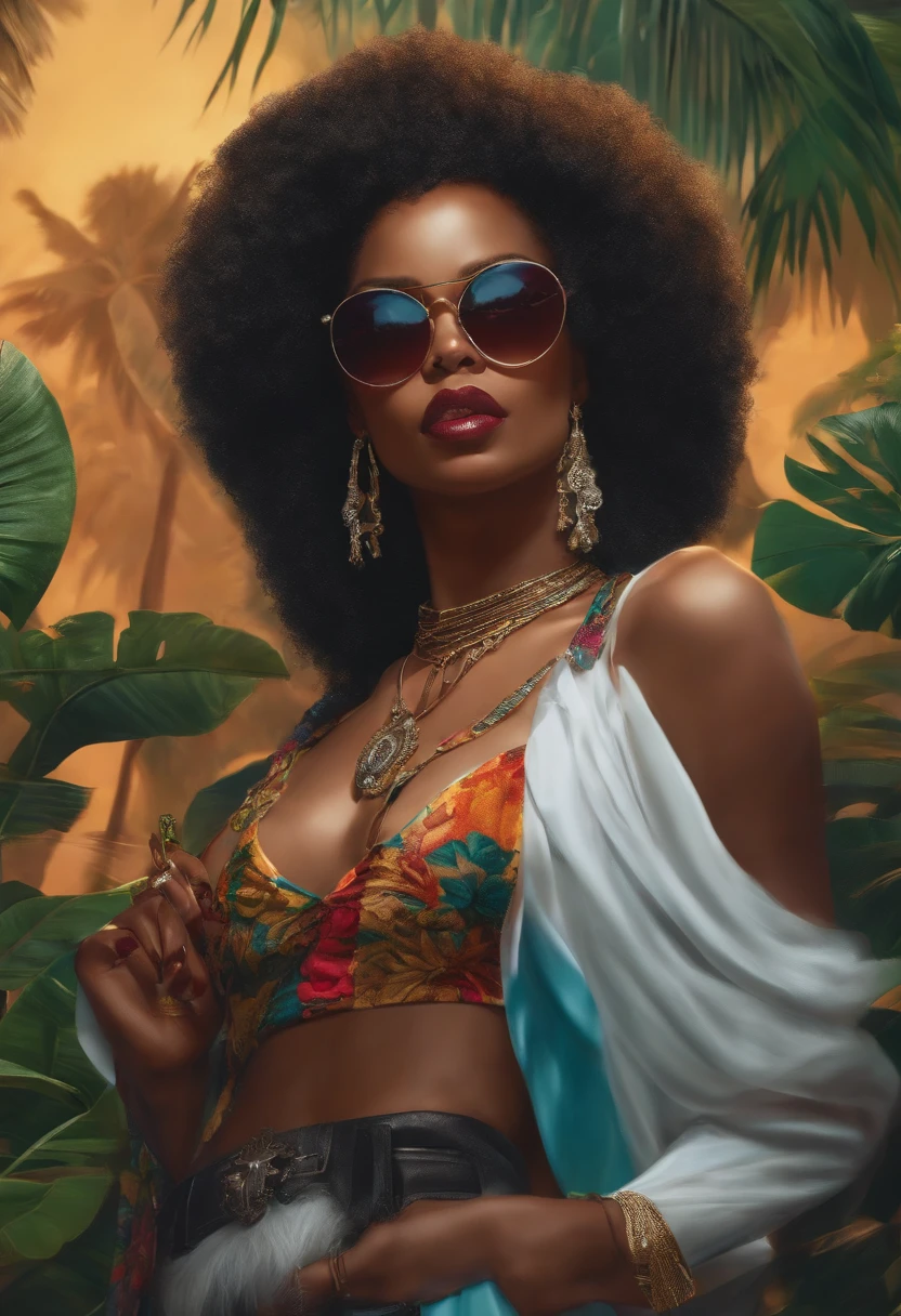 A woman with an afro wearing sunglasses and a colorful top - SeaArt AI