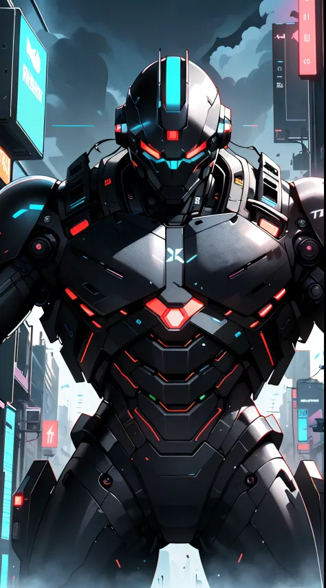 Imposing black plastic metal android robot,three meters tall,minimalist design,marked metallic musculature. His head is smooth and adorned with RGB lights,body is glossy black, RGB details, futuristic design,(((muscular))),hypermuscle, hyper muscles,carbon...