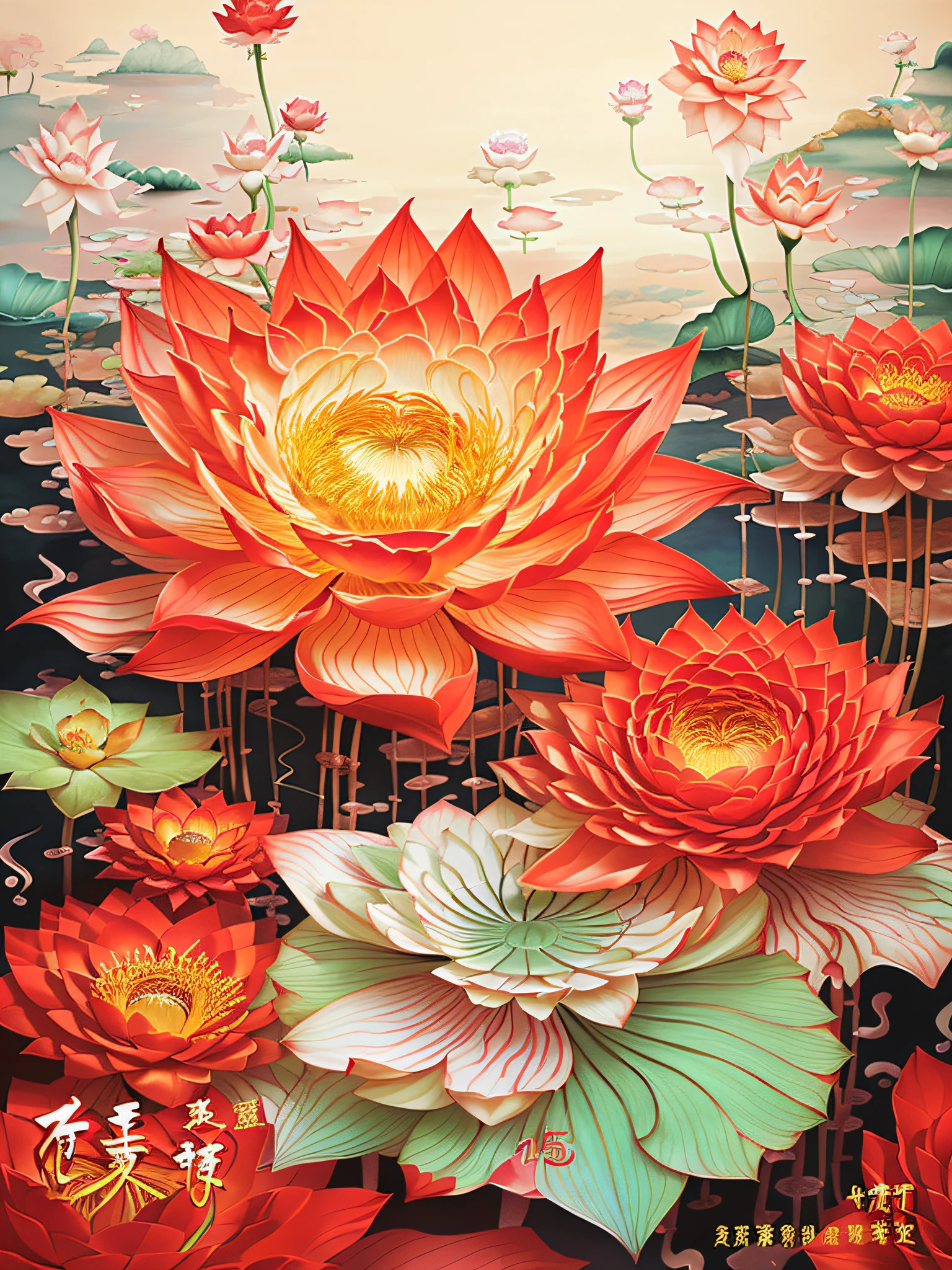 There is a painting，The painting is of a red flower，There are a lot of petals, celestial red flowers vibe, surreal waiizi flowers, james jean and wlop, lotuses, james jean soft light 4 k, james jean soft light 4k, author：Park Hua, Lotus, author：Lu Guang, author：Chen Lin, Digital painting | Intricate, with lotus flowers, author：Gao Fenghan