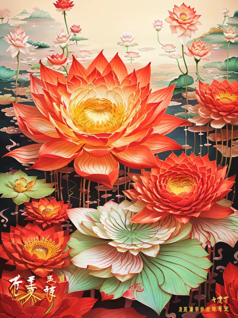 There is a painting，The painting is of a red flower，There are a lot of petals, celestial red flowers vibe, surreal waiizi flower...