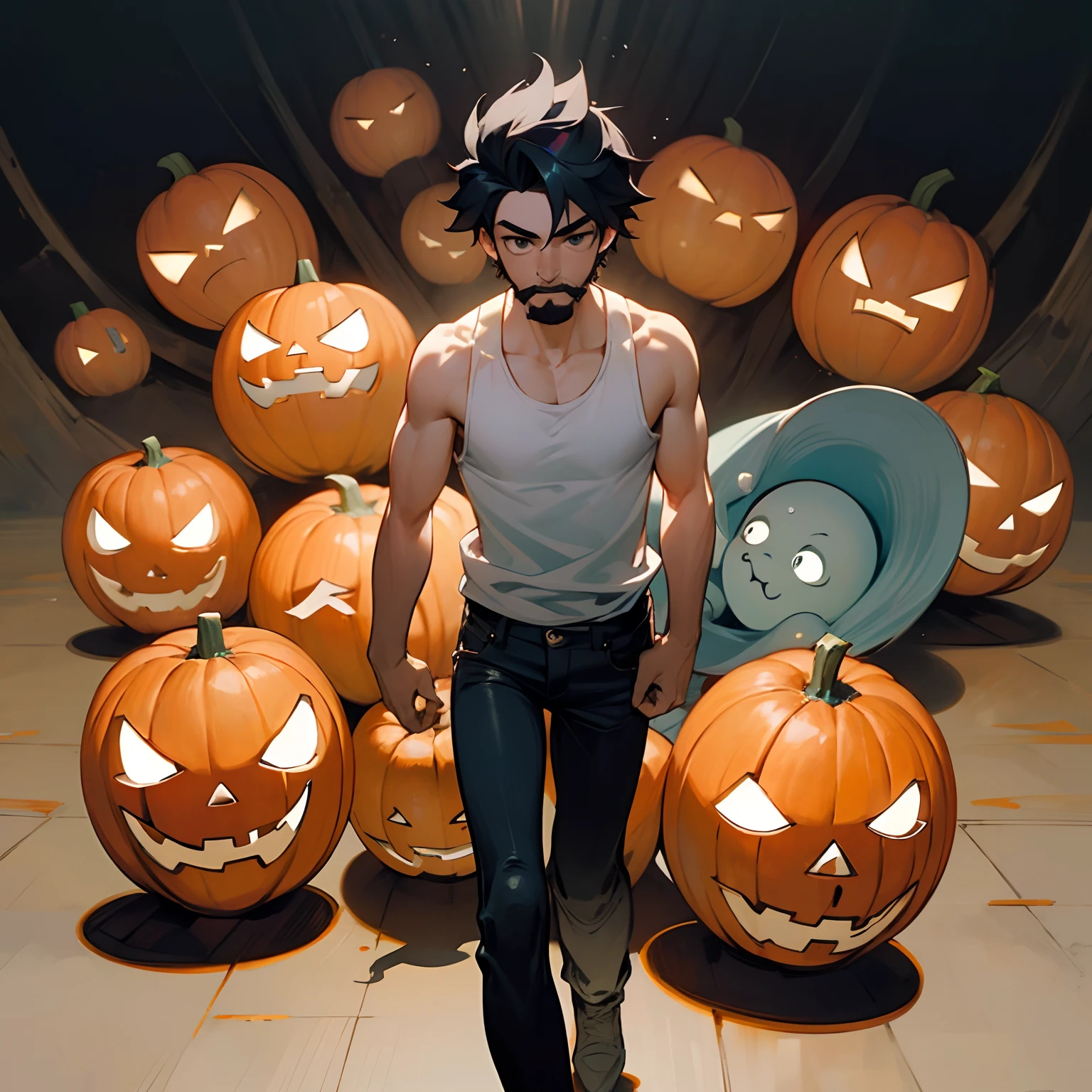 um homem latino brasileiro, cabelo curto e barba pequena, bigode, corpo atletico , peludo, Wearing a white tank top and black jeans, sapato preto. andando em uma casa mal-assombrada , Full of funny and horrifying ghosts, fantasmas, teias de aranha, halloween , pequenos morcegos , ao fundo a sombra de um lobisomem.