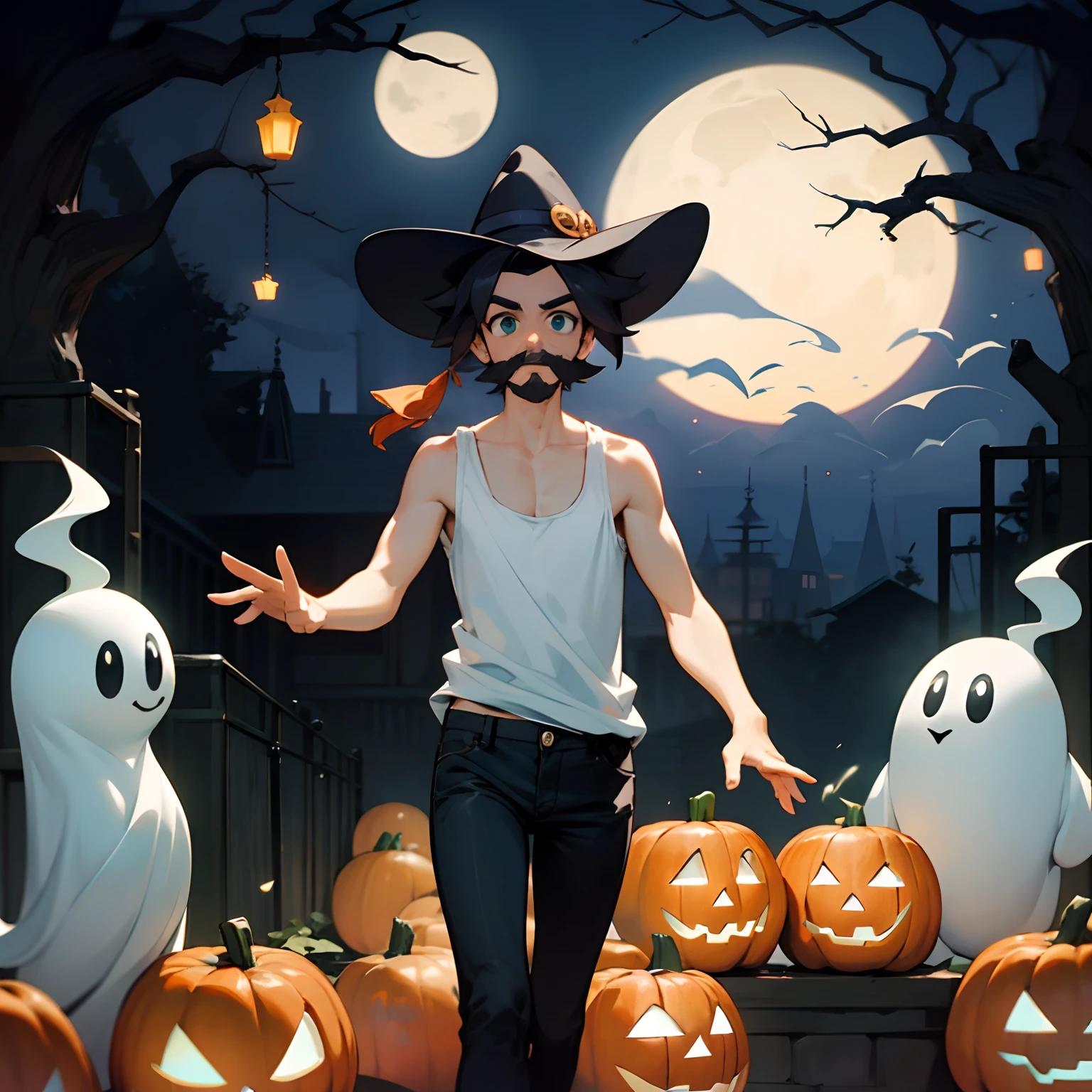 um homem latino brasileiro, cabelo curto e barba pequena, bigode, corpo atletico , peludo, Wearing a white tank top and black jeans, sapato preto. andando em uma casa mal-assombrada , Full of funny and horrifying ghosts, fantasmas, teias de aranha, halloween , pequenos morcegos , ao fundo a sombra de um lobisomem.