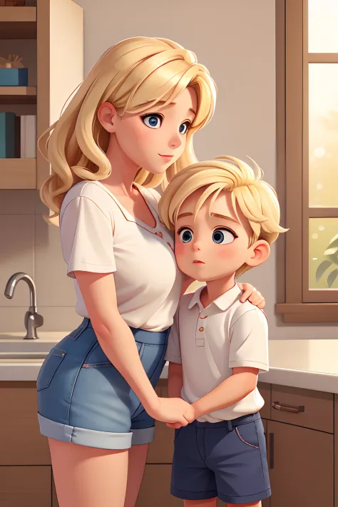 "Mom kissing her little boy on the lips", blonde hair, Mother is seen wearing skirt, Little boy is seen wearing shorts, master part, Realistic, high resolution, alta qualidade, extremely high quality, best quality, ultra detalhado, extremamente detalhado,