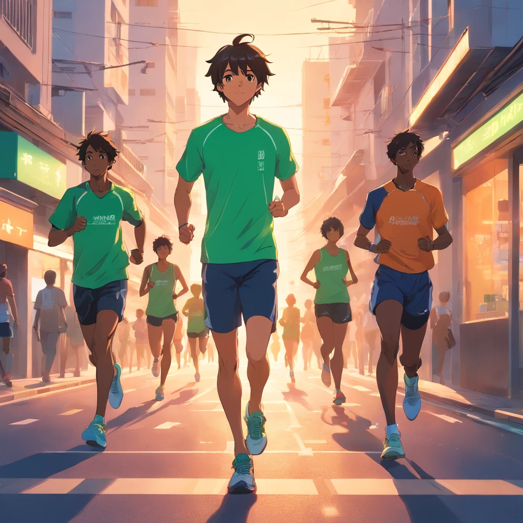 Fujifilm's primetime film about the Velvia 50 features a group of black marathon runners wearing bright green branded clothing and sportswear, Ansioso para embarcar em uma maratona desafiadora. A grande angular inclui todo o grupo, Show your determination and camaraderie. The runner's muscles are tensed in anticipation, Their expressions were full of emotion and concentration. Each person's unique personality shines through, Destacar a diversidade dentro do Grupo. homem de riqueza, The warm colors of the primetime lights add a touch of magic to the scene, Cast a long shadow on the ground，Creates a sense of movement，As if time itself were in motion.