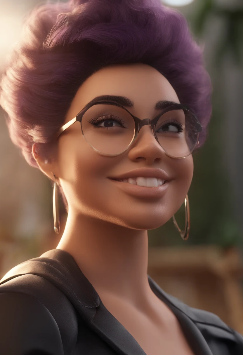 Cartoon character of a woman with lilac glasses and a black shirt, All Star Sweatpants & sneaker, cabelo curto Pixie CUT cacheado e grisalho,fofinha,boca carnuda,olhos mel,animation character, Caractere estilizado, animation style rendering, 3D estilizado, Arnold Maya render, 3 d render stylized, toon render keyshot, Personagem 3D, Personagem 3D, 3d rendering stylized, 3 d character render, personagem de desenho animado, Personagem de close up, Pose de personagem,  (Estilo Pixar) (master part:1.2) (Bokeh) (best quality) (pele detalhada) (textura detalhada) (8k) (argila) (Cinematic lighting) (foco nítido