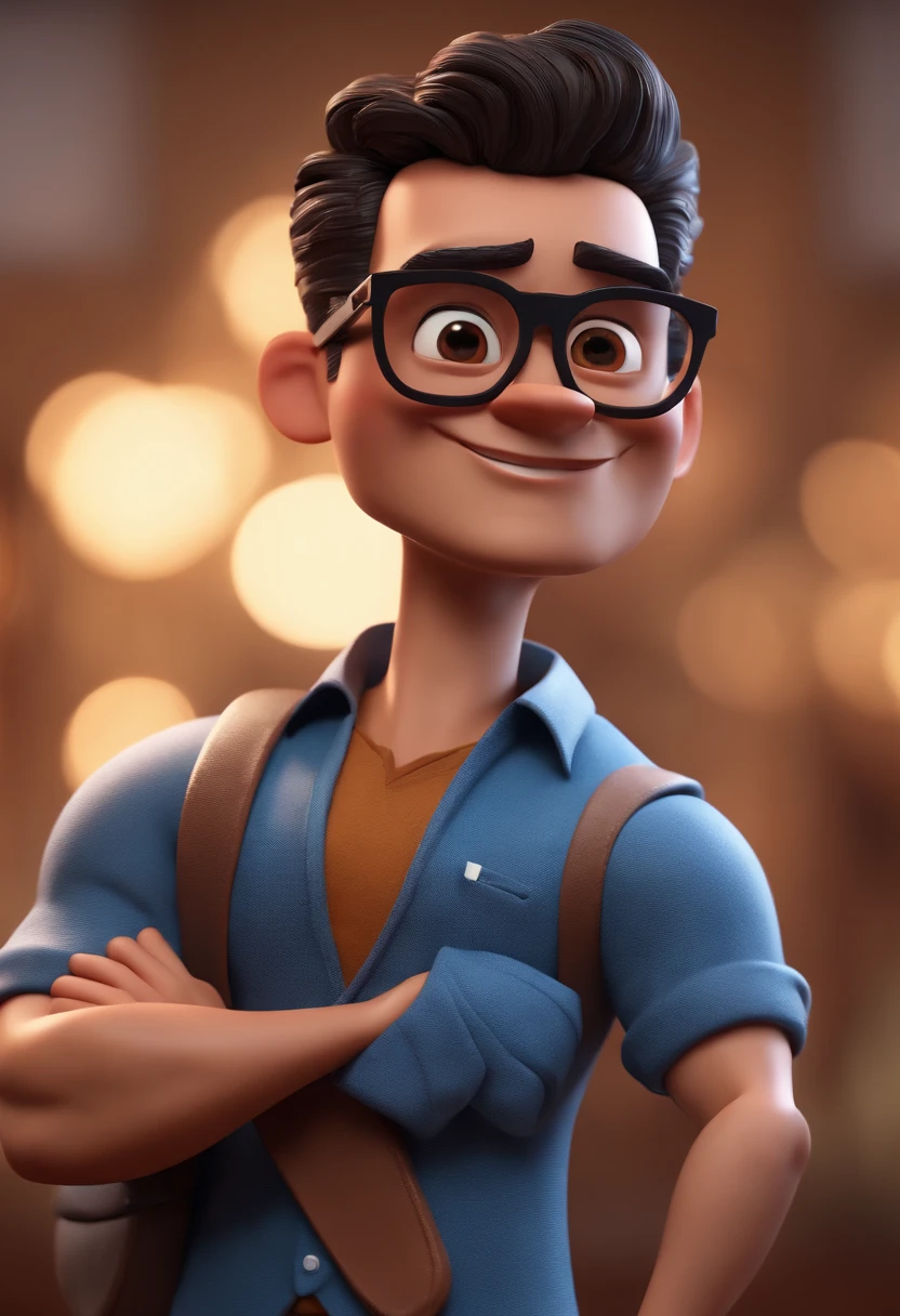 Cartoon character of a man with black glasses and a blue shirt, animation character, Caractere estilizado, animation style rendering, 3D estilizado, Arnold Maya render, 3 d render stylized, toon render keyshot, Personagem 3D, Personagem 3D, 3d rendering stylized, 3 d character render, personagem de desenho animado, Personagem de close up, Pose de personagem,  (Estilo Pixar) (master part:1.2) (Bokeh) (best quality) (pele detalhada) (textura detalhada) (8k) (argila) (Cinematic lighting) (sharp focus