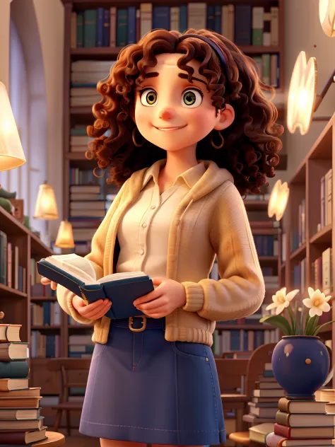 A wise girl with curly hair smiling with a bible in her hand standing in front, illuminated by the light of a lamp, against the backdrop of a library and with a crowd of people behind it