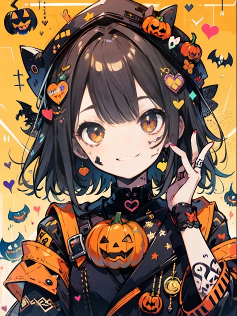 halloween theme boy, orenge style and tattoos on face, pumpkins, smiling, hand signal heart
