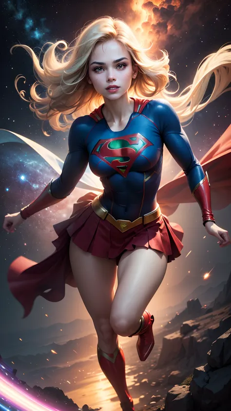 ((whole body view)), (Supergirl is flying amazingly through outer space), (Complete DC Comics Superheroine), fora, highlights your muscles and scars. The scenery is lush and mysterious, com galaxias ao seu redor. The camera details everything. ((ela tem ca...