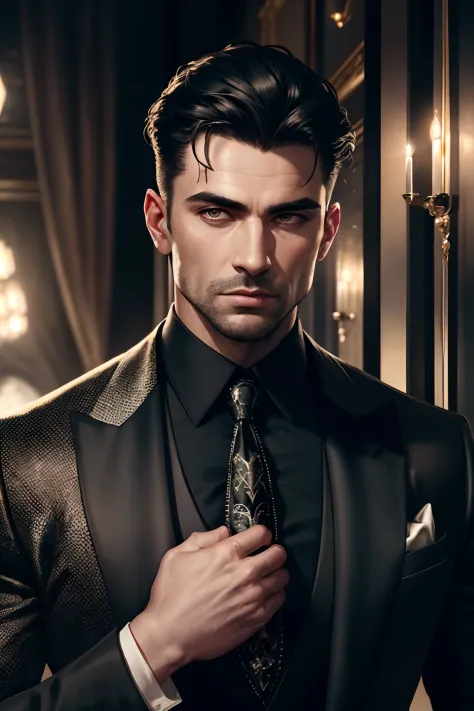 realistic (muscular man:1.1) mob boss, wearing intricate black elegant suite, portrait, short hair, jewelry, in a nightclub, spo...