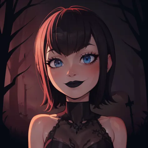 mavis, upperbody, black lipstick, gothic, dark autumn woods, masterpiece, detailed background, highly detailed, intricate, detai...