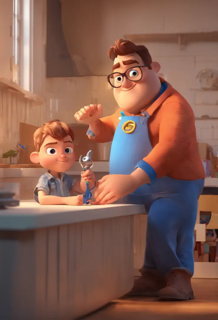 Estilo Pixar: The grown man is holding a naked blue-eyed boy and in his other hand he is holding a pair of scissors and is trying to cut off the boy's testicles,3D Poster,Disney