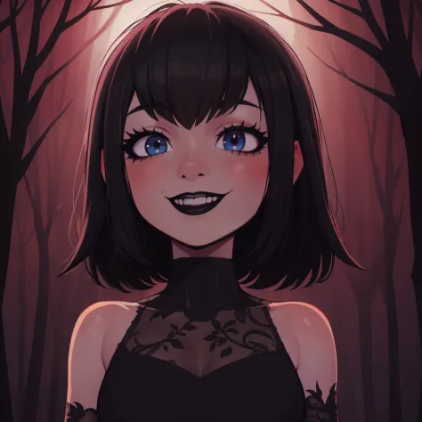 Mavis, upperbody, black lipstick, gothic, dark autumn woods, masterpiece, detailed background, highly detailed, intricate, detai...