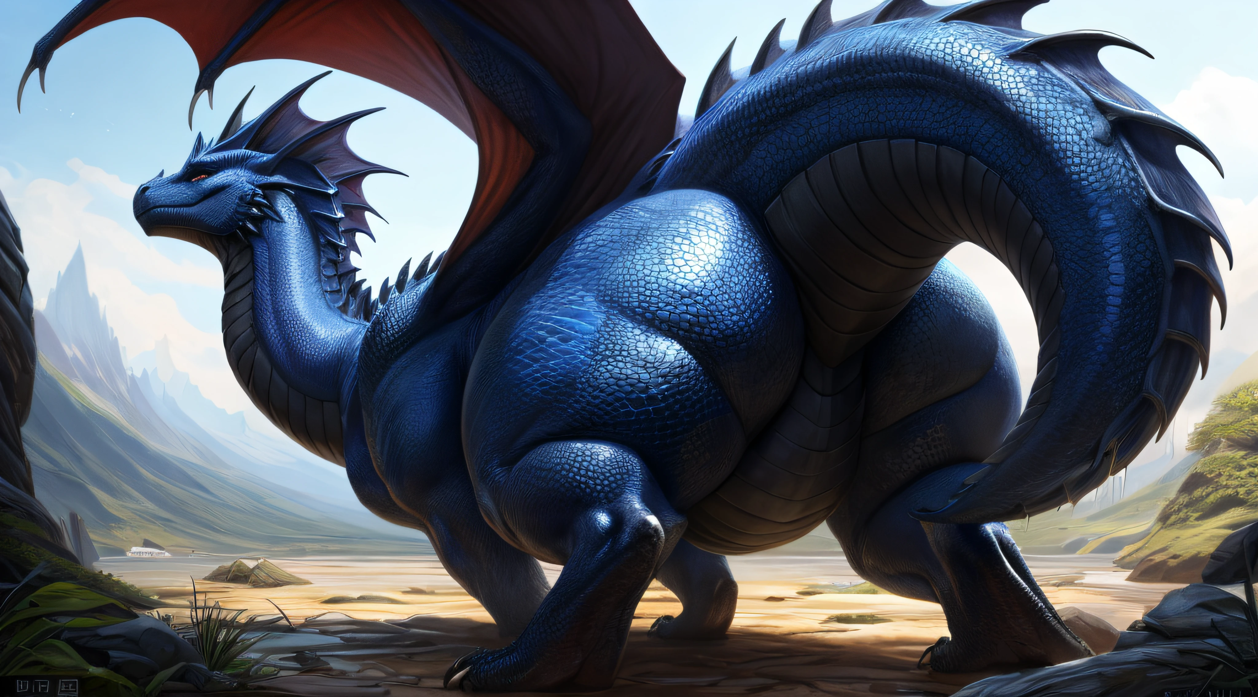 A close up of a blue dragon with a mountain in the background - SeaArt AI