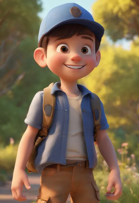 pixarstyle a waist-length portrait of a little boy, smirk, cap, nature, natural skin texture, 4k textures, hdr, intricate, highly detailed, sharp focus, cinematic look, hyperdetailed