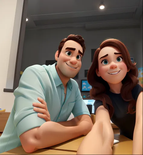 Um homem e uma mulher no estilo pixar tirando uma selfie, alta qualidade, melhor qualidade.