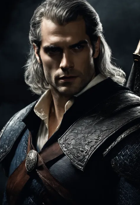 The Witcher, Henry Cavill, Henry Cavill's face, ultra quality Henry Cavill's face, full body, a sword on the back, holding in front of a witch, in front of a witch in the hand, black eyes, black eyes, {{{full body }}}, high quality dark background, highly ...