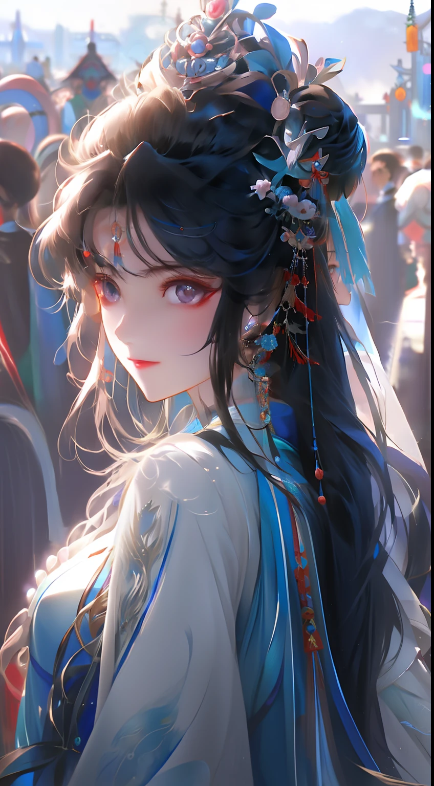 Anime girl wearing tie and blue dress in the crowd, Palace ， A girl in Hanfu, Beautiful character painting, Guviz, Guviz-style artwork, a beautiful anime portrait, a beautiful fantasy empress, by Yang J, Beautiful anime woman, detailed portrait of an anime girl, Beautiful teenage girl, A beautiful artwork illustration, Beautiful digital artwork