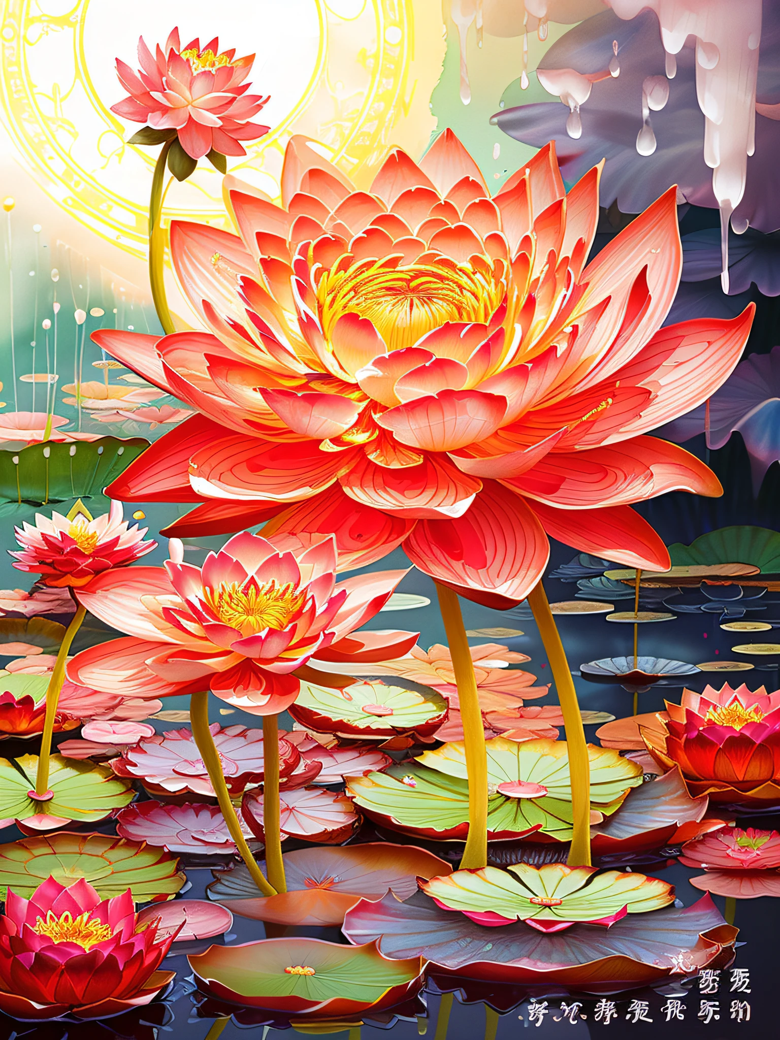 There is a lotus painting in the pond，There are water droplets, standing gracefully upon a lotus, waterlily mecha nymphaea, james jean soft light 4k, james jean soft light 4 k, author：Chen Lin, Beeple and Jeremiah Ketner, with lotus flowers, by Yang J, A beautiful artwork illustration, author：Park Hua, Pink Lotus Queen