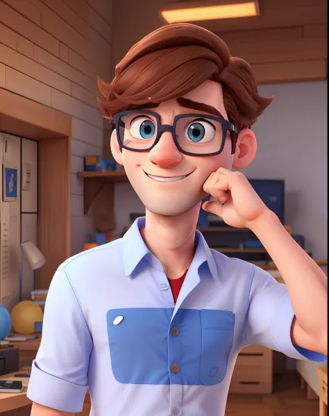 Adult Man Brown Hair Blue Eyes Wears White Shirt Glasses Full Body Electronic On Shirt Written HM , estilo  disney pixar, alta qualidade, melhor qualidade