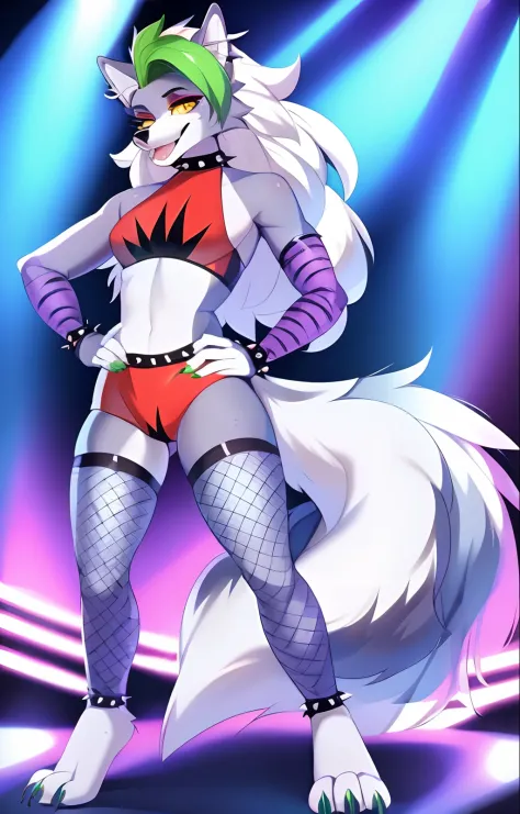 Solo:1.2, by hyattlen, By fumiko, Fnafroxanne, FNAF, Roxanne Wolf, white hair, female wolf, feminine, tall slender body, green bangs, posing dramatically, hands on waist,  on a stage, concert stage, concert lights, barefoot, fishnet stockings, (toe ring):1...