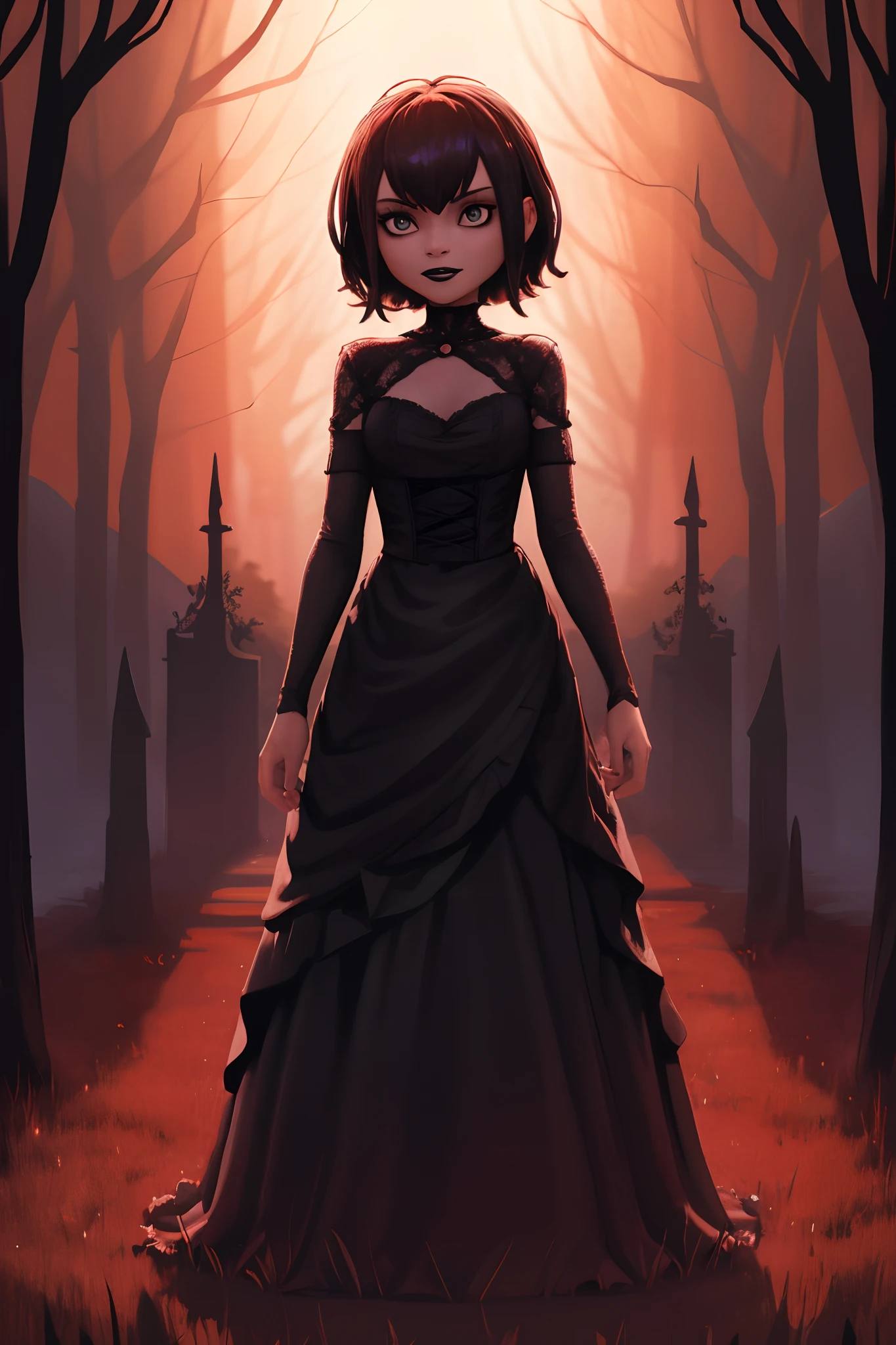 Mavis, head, standing in woods, black lipstick, cute, gothic dress, gothic background, gothic, complex dress, queen. Red orange sunset, dark castles, complesx victorion dress, vampire queen