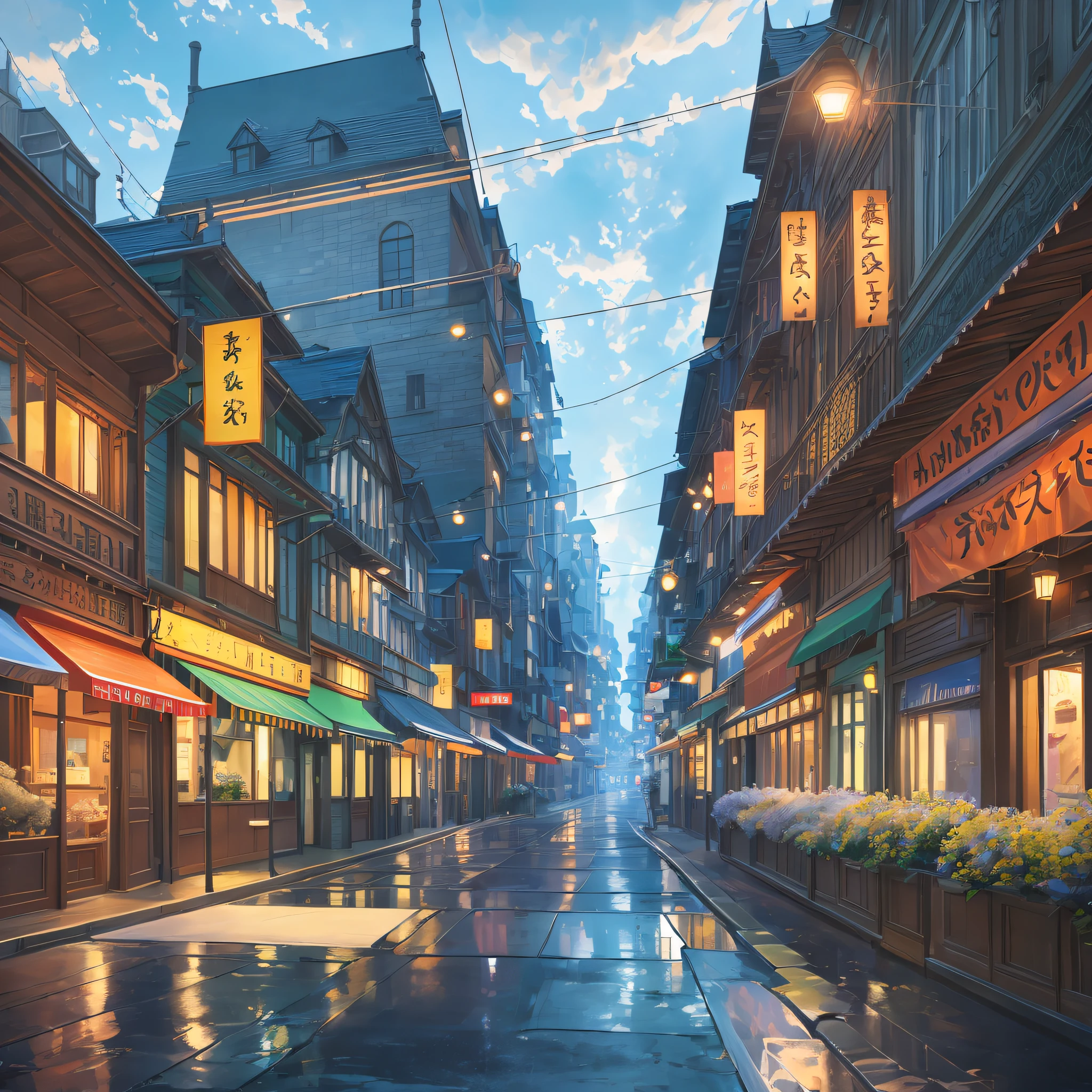 Sateen，the street，early evening，NOhumans，Shinkai Makoto style，8K，outside of house ,Cloudy skies,shopping street,jpn