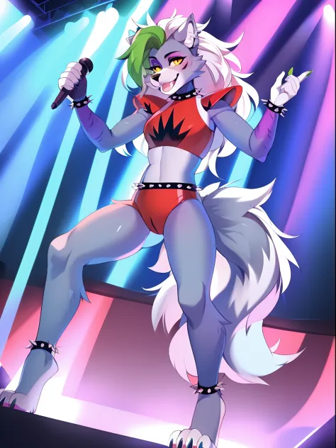 Solo:1.2, by hyattlen, By fumiko, Fnafroxanne, FNAF, Roxanne Wolf, white hair, female wolf, feminine, tall slender body, green bangs, posing dramatically, on a stage, rock concert stage, concert lights, barefoot, black toe claws, winking, yellow eyes, hold...