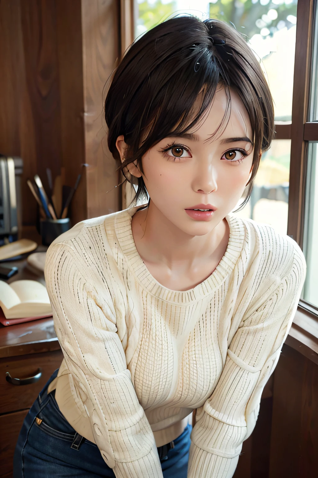 (Masterpiece: 1.3), (8k, Photorealistic, RAW Photo, Best Quality: 1.4), (1girl), Beautiful Face, (Realistic Face), (Black Hair, Short Hair: 1.3), Beautiful Hairstyle, Realistic Eyes, Beautiful Detail Eyes, (Realistic Skin), Beautiful Skin, (Sweater), Absurd, Attractive, Ultra High Definition, Ultra Realistic, High Definition, Golden Ratio,