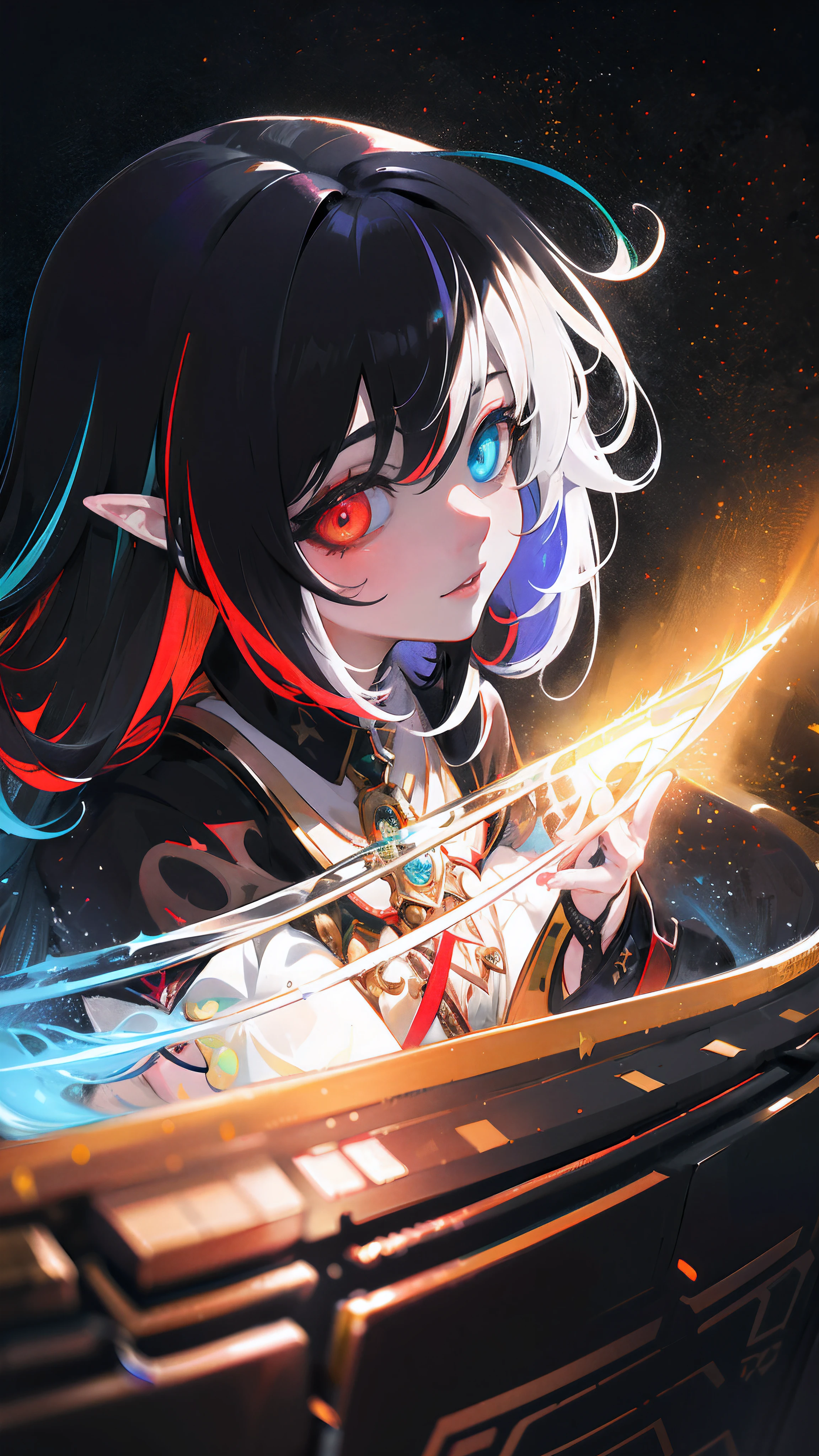 {{masterpiece}}, best quality, extremely detailed CG unity 8k wallpaper, cinematic lighting, lens flare, beautiful detail eyes, black,  side glance,  multicolor hair, colorful light, particles, heterochromia, (colorful:1.5), (colorful hair:1.5),