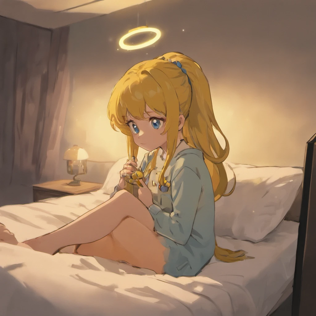 Chica anime sentada en una cama con un halo sobre su cabeza - SeaArt AI