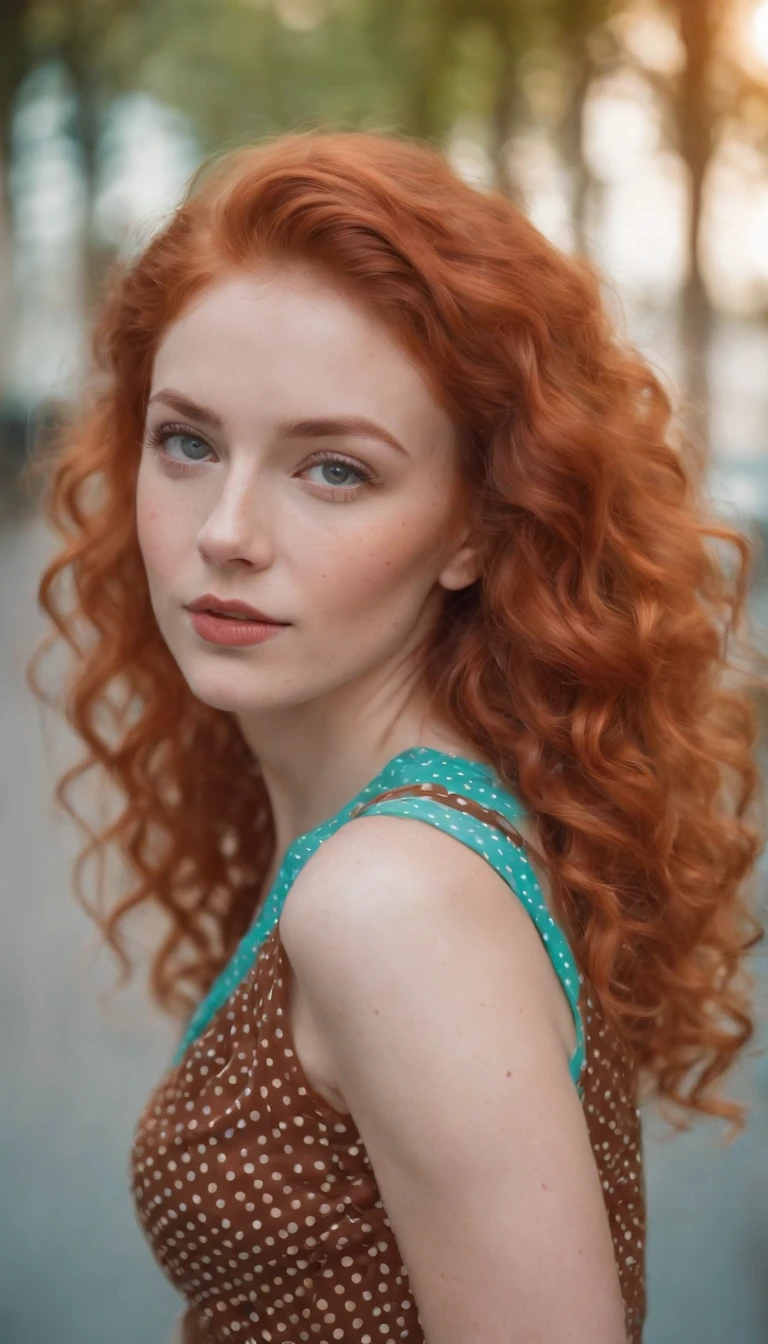 the portrait of a young woman with curly red hair and polka dot skirt, in the style of light orange and turquoise, vibrant color gradients, playful expressions, normcore, vibrant and textured, 1970–present, shiny