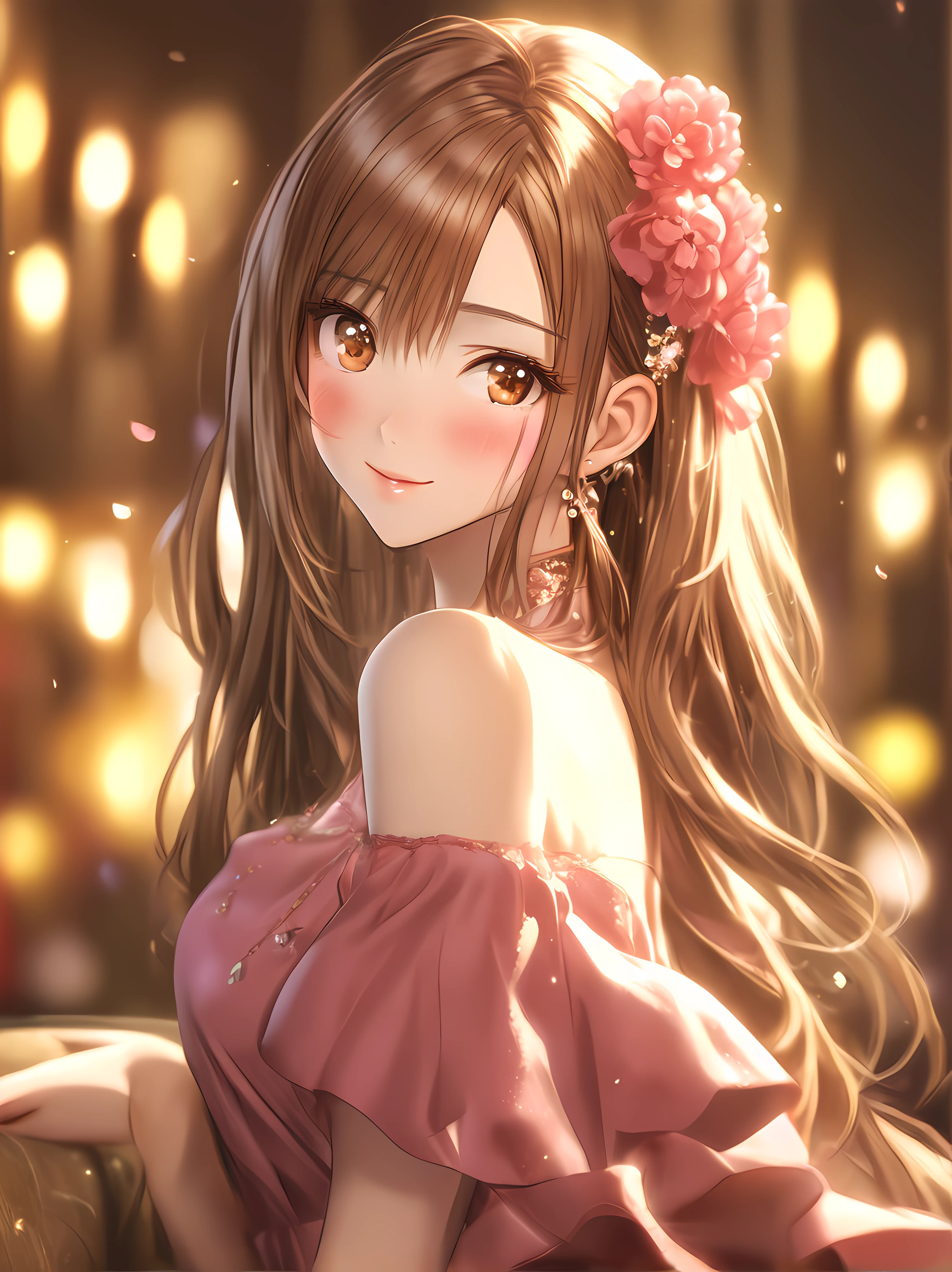 (Best Quality:1.5, Highres, UHD, 8K, Detailed Lighting, Shaders), Brown long Straight Hair, Flower on-ear, Red dress, (POV), Hands on cheek, Room Background, Colorful Eyeshadow, Dramatic Lighting, Sparkling Pink Eyes, Confident Expression, Golden Earrings, Brown straight Hair, Delicate Facial Features, Soft Skin, High Cheekbones, Stylish Clothing, Room Setting, medium face portrait, Sharp Focus, Best lighting effects