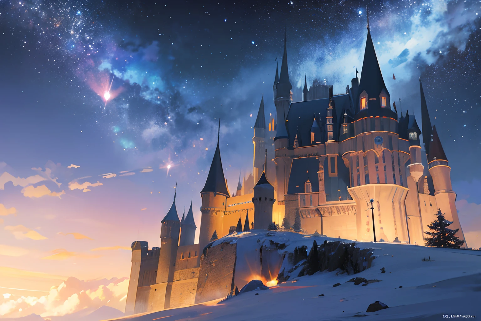 Create an illustration of a fantastical castle floating in space. The castle is equipped with structures like telescopes and astronomical observatories, Looks like an astronomical facility. The space in the background is filled with stars, Create an enchanting and dreamy atmosphere. This scene is、It captures the wonder and curiosity that comes with exploring space, The mystical charm of the castle meets the vastness of space.