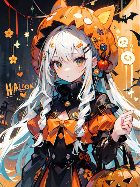 girl with orenge tied hair and a pumpkin hat, halloween theme,