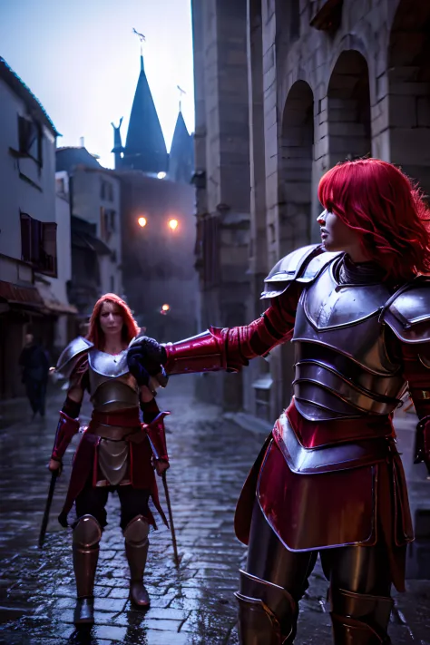 Red hair, Purple armor, Light Bearer Warriors, Medieval city, Dark, buttle, epicd, war, surrealism, 8K, Super Detail, war, Fight...