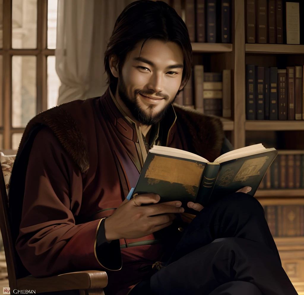 Marco Polo sitting on a chair leyendo un libro, él está sosteniendo un libro grande, leyendo un nuevo libro, Explorador, viajero, Hermoso, Estético, histórico, cara engreída, mirando al espectador, sonriendo levemente, mirada engreída, leyendo un libro,