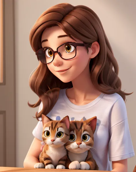beautiful woman, 40 years old, straight brown hair, dark brown eyes, glasses, wearing a t-shirt with a cat drawn on it