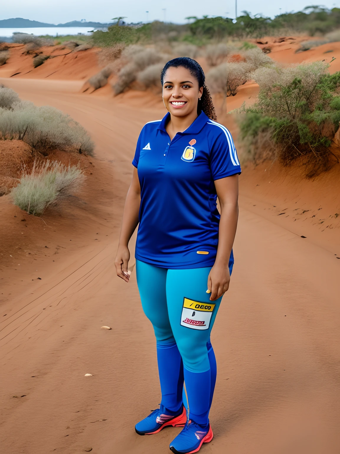 Woman in blue shirt and blue leggings standing on dirt road - SeaArt AI