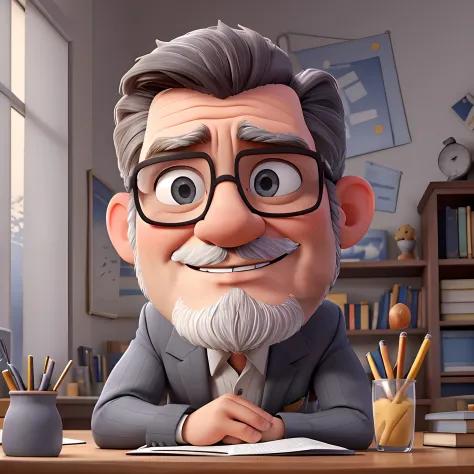 vieillard, inspiré de Disney Pixar, inspiré du pasteur ( Rubens janvier ) un homme au cheveux gris portant des lunettes dans un bureau avec un livre sur la table regardant vers l'avenir serieux, old man, cheveux gris, a suit