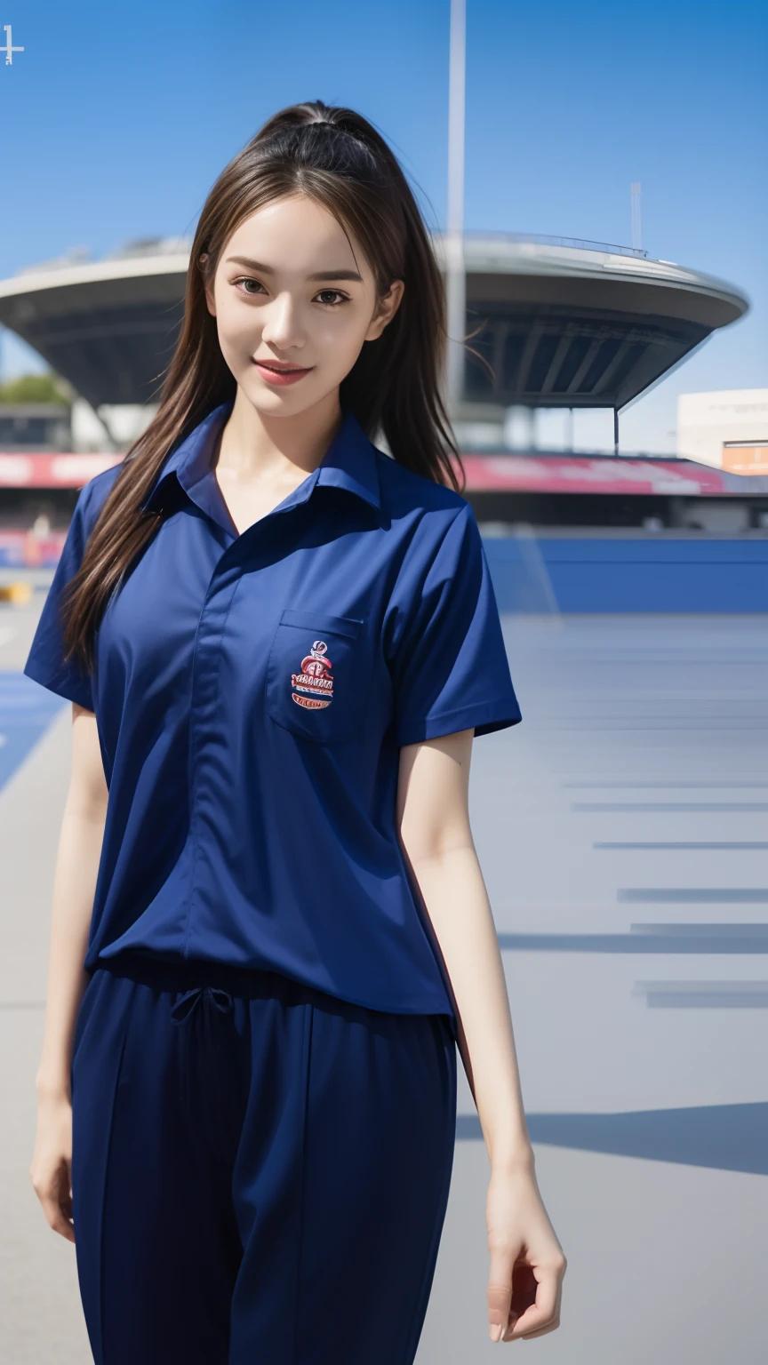 (bestquality,10,10,highres,masterpiece:1.2),ultra-detail,(Realistic,photorealistic portrait,photo-realistic:1.37),1 cute girl sitting on the football field,oily shiny skin,bara,light smile,BDclothes,((blue shirt:1.3)),short sleeves,shirt, trousers.,(navy_long_Pants Track:1.1), ((Stadium Background:1.3)),dynamic angle,excited,face focus,Dynamic Poses,from behide,Ass Focus,masterpiece, bestquality, ultra realistic, hyper-detail, 8k resolution, RAW photo, crisp focus, ((Navy blue shirt:1.1)), short sleeves, Long Path, Perfect body, 2 mature women, 18yo, cinematic light,Blue sweatpants,Gymware,Correct anatomy,Complete body, Correct body, sharp face, Anatomically correct body, full entire body, Realistic gestures, long-haired, Realistic poses,Wear long shorts......................,Long leg span,Shapely,Sculpting Girl, Slender Figure, mannequin mannequins, Shapely, Beautiful body,Blue sweatpants