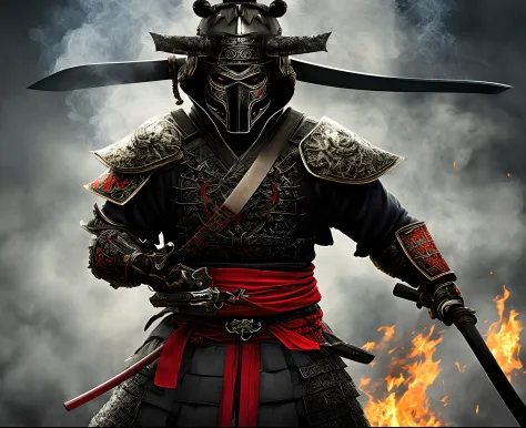 a samurai with red and black armor standing in black smoke with a burning katana in a realistic style