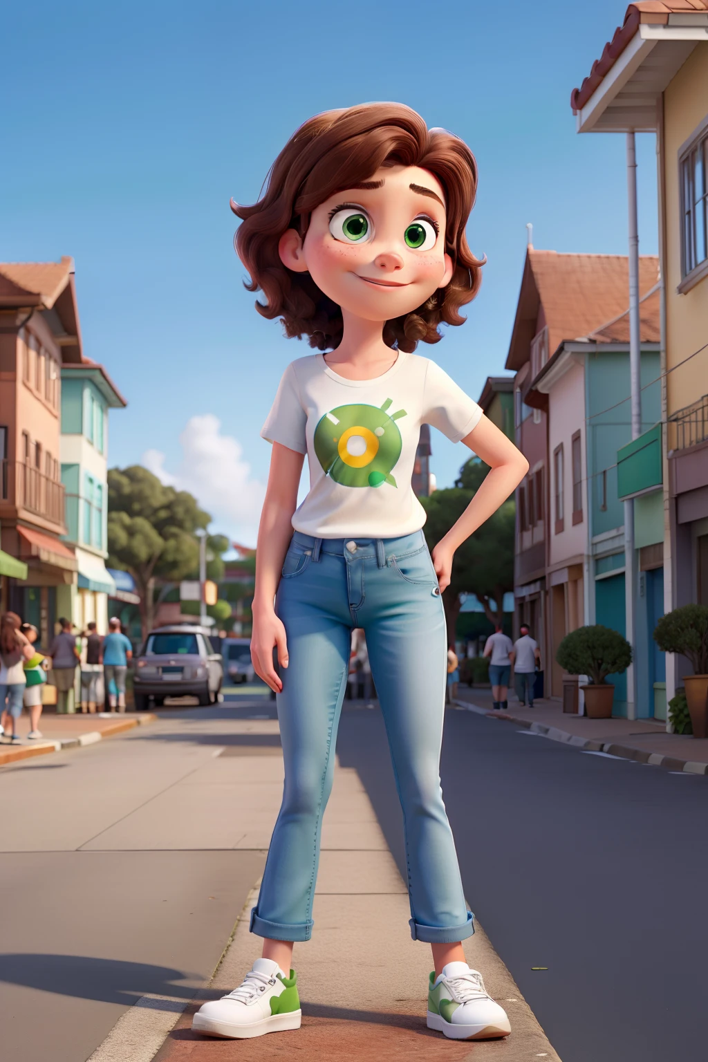 A cartoon character standing on a sidewalk in a town - SeaArt AI