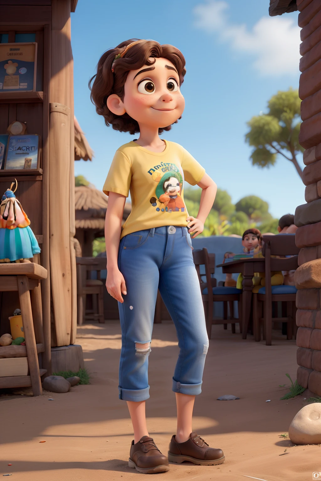 A cartoon character in a yellow shirt and jeans stands in front of a store  - SeaArt AI