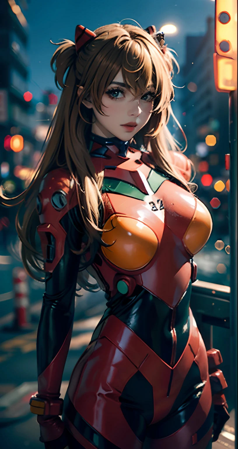 best quality, master part, Realistic, fotorrealista, 1girl, sozinho, Olhando para o Viewer, corpo inteiro, Standing, cabelos longos, Fantasia Cosplay Asuka, Cosplay, Plugsuit, Bodysuit, ornamento de cabelo, Antecedentes detalhados, na rua, Noite, Luz, chuva,