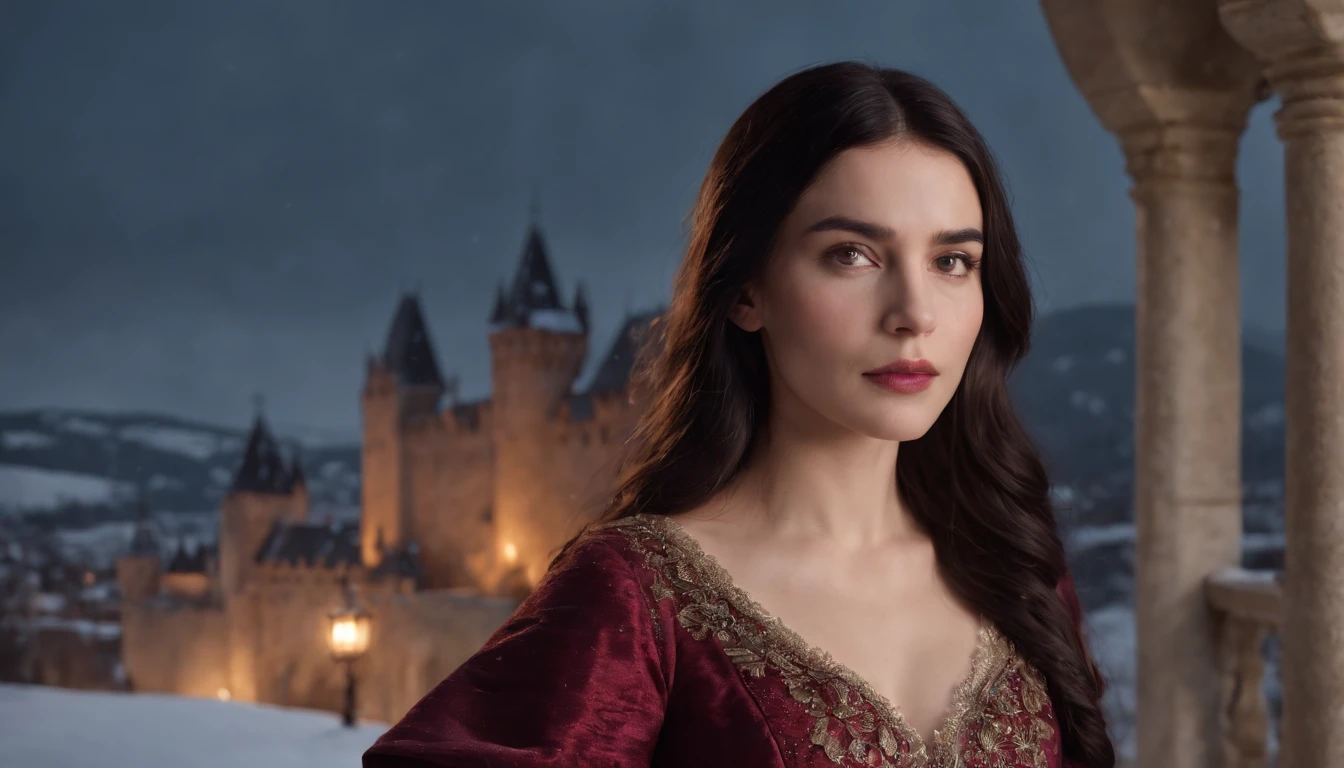 young noble woman with black hair and brown eyes stands on a snowy castle balcony overlooking a snow covered landscape, night, wearing crimson gown, midnight, eerie, snow storm, gothic, cinematic, cinematic scene from film, 8k