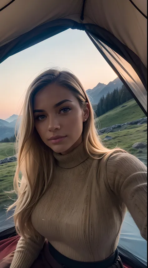 1 woman, American, beautiful, ((upper body selfie, happy)), Filming in a tent, Beautiful backlight, Tent Open Sign,Masterpiece, Best Quality, Ultra-detailed, Solo, exteriors, (natta), mountains, Nature, (sao, the moon) cheerful, happy,, Cosy in a sleeping ...