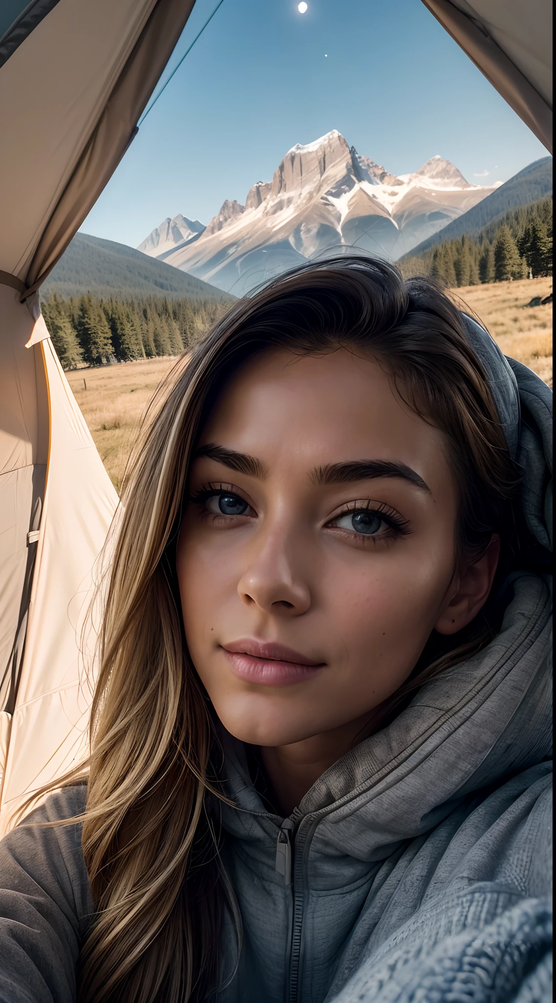 1 woman, American, beautiful, ((upper body selfie, happy)), Filming in a tent, Beautiful backlight, Tent Open Sign,Masterpiece, Best Quality, Ultra-detailed, Solo, exteriors, (natta), mountains, Nature, (sao, the moon) cheerful, happy,, Cosy in a sleeping bag, Inside the tent, When you open the tent, You can see some nice horsemen outside.., woods, rock formations, rivers, wood, smoke, shadowy, contrast, clear skies, analog style (looking up at viewer:1.2) (skin texture) (film grain:1.3), (warm hue, warm tone:1.2), close-up, Cinematic light, Sidelighting, The ultra-Highres, best shadows, ..raw, upper half body, wearing pullover, Relaxed and intimate photos, blonde hairs,