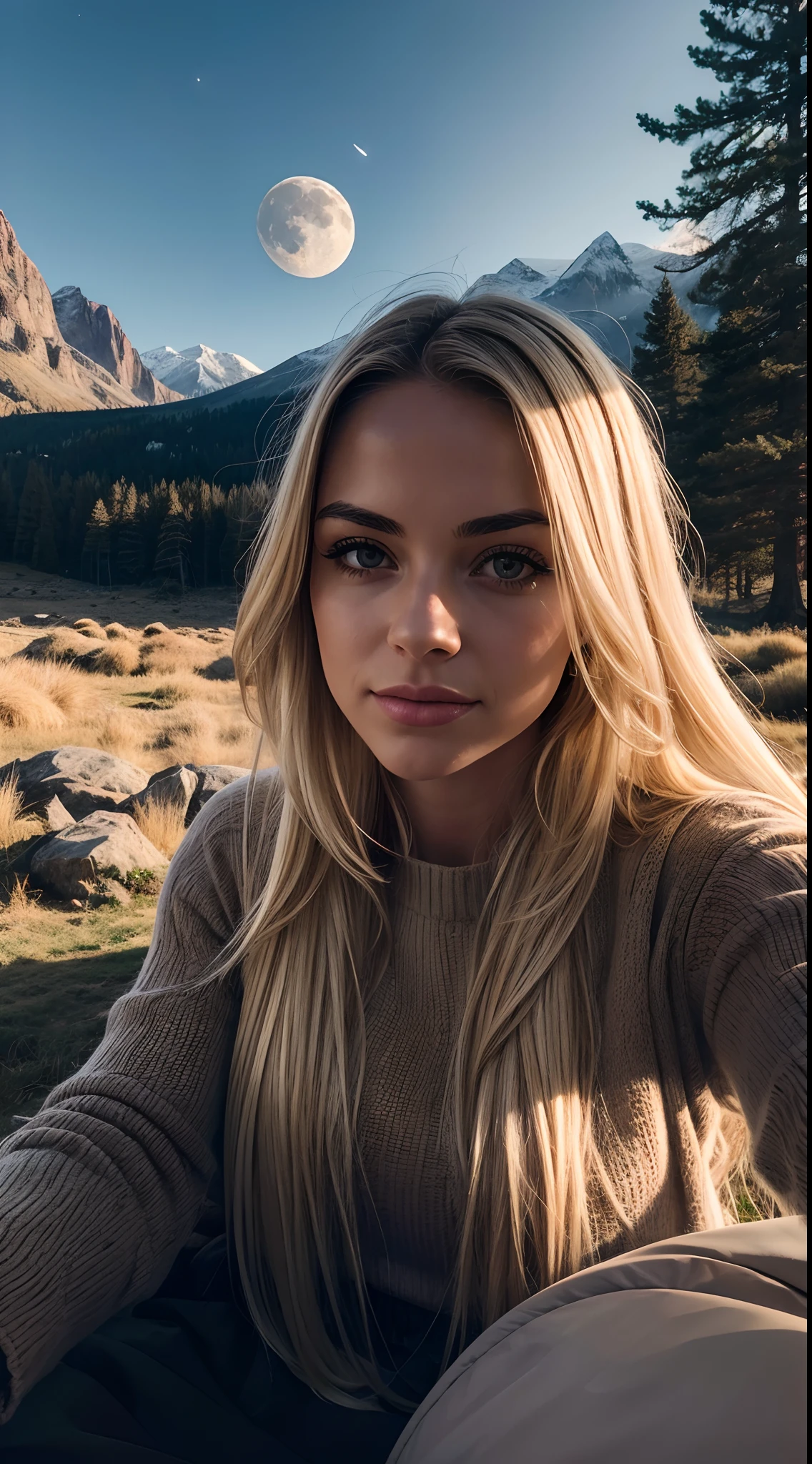 1 woman, American, beautiful, ((upper body selfie, happy)), Shooting in a tent, Beautiful backlight, Tent Open Sign,Masterpiece, Best Quality, Ultra-detailed, Solo, exteriors, (natta), mountains, Nature, (sao, the moon) cheerful, happy,, Cosy in a sleeping bag, Inside the tent, When you open the tent, You can see some nice horsemen outside.., woods, rock formations, rivers, wood, smoke, shadowy, contrast, clear skies, analog style (looking up at viewer:1.2) (skin texture) (film grain:1.3), (warm hue, warm tone:1.2), close-up, Cinematic light, Sidelighting, The ultra-Highres, best shadows, ...raw, upper half body, wearing pullover, Relaxed and intimate photos, with long blond hair,