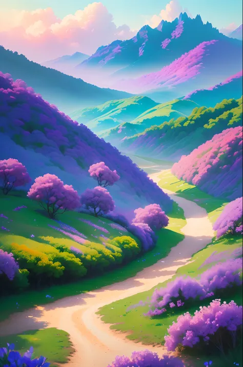 ((melhor qualidade)),  (detalhado), empoleirada em uma nuvem, (Fantasy Illustration), dia matinal, cores suaves, (paisagem de nuvens detalhada:1.3), (alta resolução:1.2), butterfly purple (fantasy), jardim encantado de dia com sol, Lilás flowers and butter...